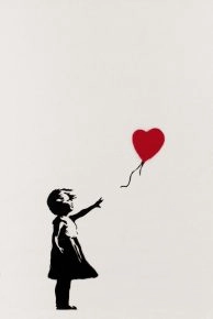 Banksy's Girl With Balloon/Morons, stencil of child reaching for red heart balloon – Banksy in Amsterdam.