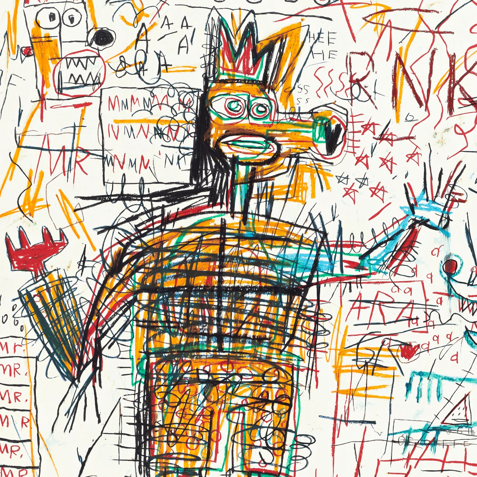 Basquiat's Figure Portfolio, expressive crowned figure in bold colors, on view in Amsterdam.