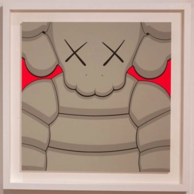 KAWS artwork of a Companion figure in grey with red background at Moco Museum London