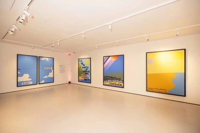 Gallery view of Robbie Williams' colorful abstract artworks at Moco Museum London